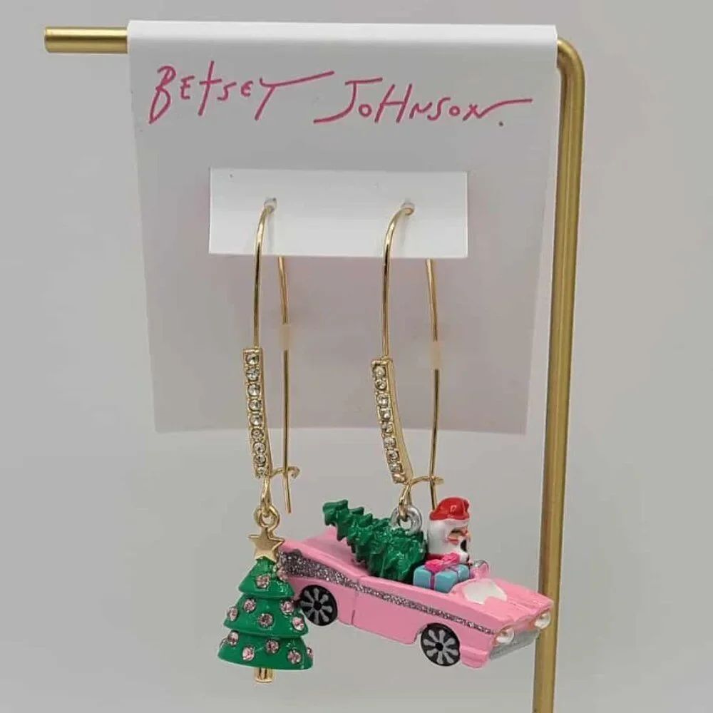 Betsey Johnson Santa Pink Car and Tree Miss Matched Earrings NWT! NEW!